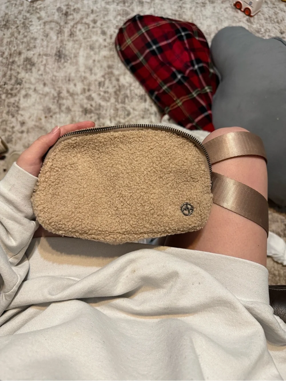 Beige Sherpa Belt Bag Pouch with Zipper